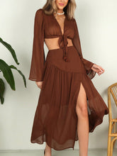 Women's Solid Color V-Neck Crop Top And Split Skirt Set